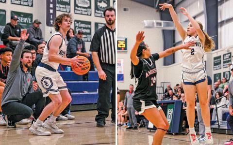 Left: Senior Chance Wilson pulls up from three-point range during a home game. Right: Senior Emma Reeves rises for a three-point attempt over a defender.  |  Photos courtesy of Jackson Dauble
