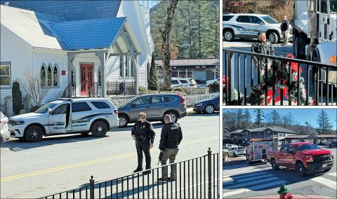 The Highlands Police Department, Macon County Sheriff’s Department and Highlands Fire and Rescue respond to the swatting incident at the Church of the Incarnation on Dec. 11.
