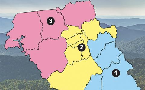 Macon County’s current voting districts with the Board of Commissioners made up of one representative each from District 1 and District 3 and three representatives from District 2.