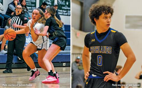 (LEFT) Summit Charter’s Olivia Reeves attempts to dribble past a defender against Plateau-rival Highlands School on Wednesday, Feb. 4. (RIGHT) Paolo McRae catches his breath in Highlands’ 59-53 victory over Summit.
