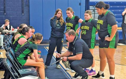 Head coach Tim Mayse discusses strategy in a timeout during the Lady Bobcats’ 59-43 win over Nantahala on Thursday, Jan. 29.  |  Photo courtesy of Blue Ridge Early College