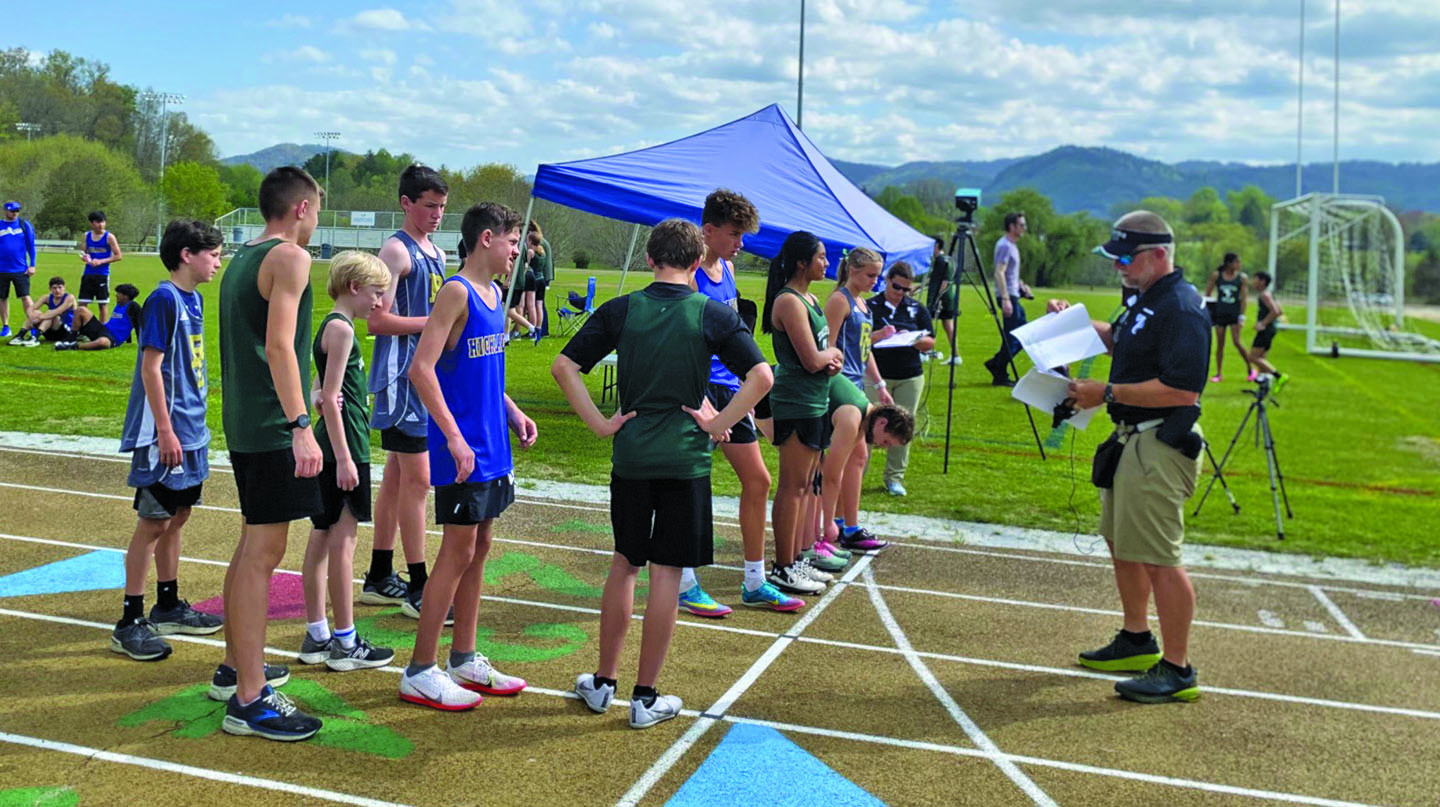 Photo by Jody Pierson/Staff Runners take their positions at the starting line prior to a race during the Tri-State Middle School Track Championships on Saturday morning at Rabun Gap.