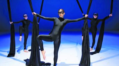 Aerialists MaKenna Bilbery, of Otto, Jasmine Abranyi, of Highlands, and Ivanna Zermeno, of Santiago, Mexico in Rabun Gap-Nacoochee School’s production of “Cirque Synthetica.”