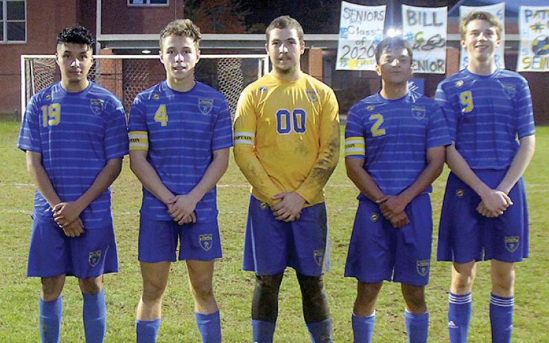 Highlands soccer seniors Carlos May-Gomez, Dillon Schmitt, Bill Miller, Pablo Jimenez and Patrick Woods were honored at Tuesday’s game against Hayesville.
