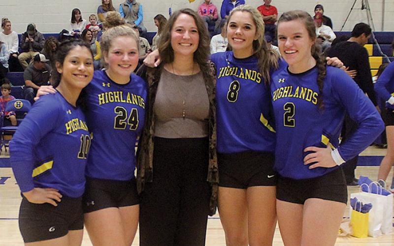 The 2019 Highlands volleyball team seniors were honored on senior night during the team’s final home match of the season against Cherokee. Seniors are, from left:, Morgan Olvera, Jeslyn Head, Sayla Roman, Bailey Schmitt and Kedra McCall.