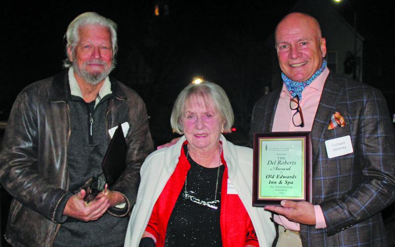 Local volunteer Matt Eberts, Mary Ann Cresswell with the Highlands Emergency Council and Richard Delaney with Old Edwards Hospitality Group were the three award winners honored by the Highlands Chamber of Commerce last week.