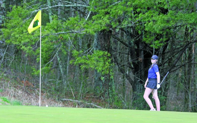 Anna Stiehler watches a chip shot roll towards the hole during a recent match at Sky Valley Country Club. Stiehler qualified for the NC High School Athletic Association 1-A/2-A golf state championship at Pinehurst.