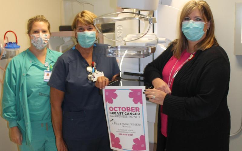 Photo by Christopher Smith/STaff Pictured left to right: Jami Fletcher, Meg Ham RT, R, M, CT and Lori Smith, MBA, RT (R) RDMS, RDCS, RVT, Regional Manager Radiology/Imaging, in front of the new 3D mammography machine at Highlands-Cashiers Hospital. 