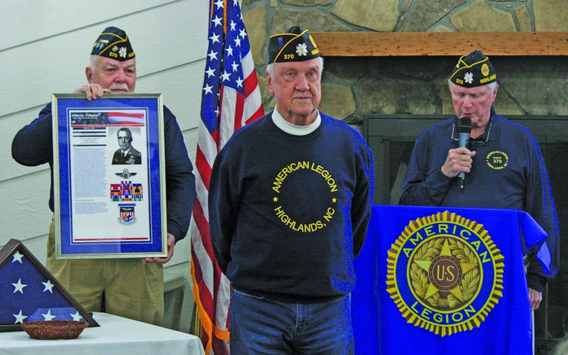 Photo by Ryan Hanchett/Staff American Legion Post 370 Commander Ed McCloskey (left) and Vietnam veteran Bob Trevathan (right) honored Keith Hall (center) for his service in Vietnam and his continued support of Post 370. Hall was a pilot shot down over Vietnam and spent five years as a prisoner of war.