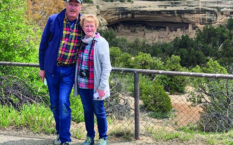 Steve and Janet Sweimler at Mesa Verde in Colorado, where they enjoyed learning about the communities the Ancestral Pueblo people built on the mesas and in the cliffs over a period of 700 years.